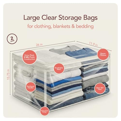 Marknox 20 Gallon Clear Storage Bags with Zipper, 2 Pack Extra Large (15.75 x 26 x 11.9 in) Transparent Plastic Bags for Clothes, Blankets, Quilts & Holiday Storage, Durable Reusable Organizer - Thumbnail 3