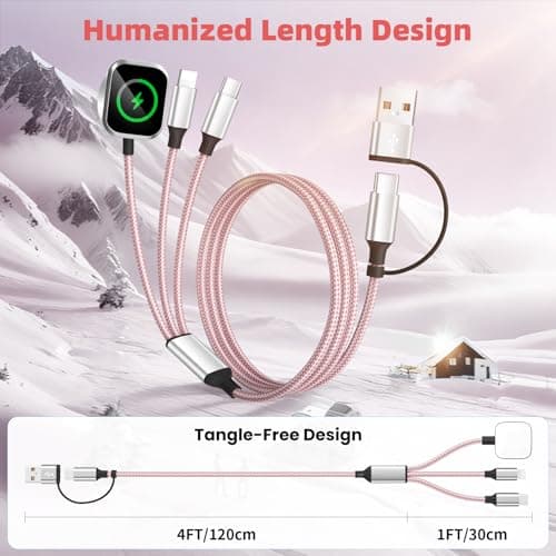 Travel Cruise Essentials,3 in 2 Multi Charging Cable for iWatch Charger/IP/USB C,Pink 1-Pack 5FT Braided USB A/C Cable Designed for Multiple Devices,Car Accessories for iWatch Ultra/SE & iPhone 17-11 - Thumbnail 6
