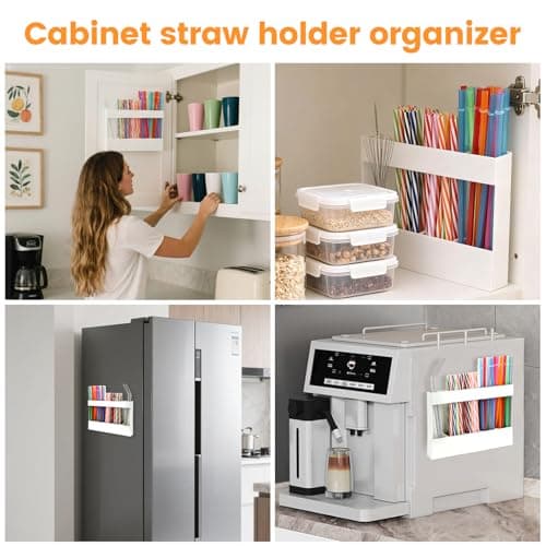 Seaflash Acrylic Straw Holder, Straw Organizer Dispenser with Two Pieces Rubber Magnet Sheets, Drinking Straw Storage Holder for Cabinet Door Fridge Counter Kitchen Office(White) - Thumbnail 6