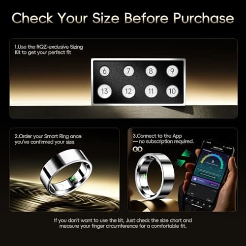 RQZ Smart Ring Fitness Tracker for Men Women, Sleep & Heart Rate Monitor, Step Counter with Vibration Alert, 5 ATM Waterproof, Compatible with iOS & Android Silver Size 8 - Thumbnail 2