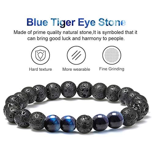 M MOOHAM Natural Bead Bracelet - Gem Semi Precious Stone Round Bead Black Lava Rock Blue Tiger Eye Beads Bracelet Adjustable Bracelets Birthday Gifts for Men - Thumbnail 3