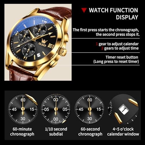 OLEVS Mens Watches Brown Leather Strap Black Face Chronograph Wrist Luxury Casual Watches for Men Waterproof Luminous Analog Quartz Nice Men Watch Relojes para Hombres - Thumbnail 5