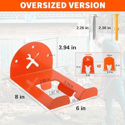 Upgraded Trimmer Rack Wall Mount - 8" Heavy Duty Weed Eater Hanger for Garage Wall, Garden Power Tool Holder Organizer Hooks for Grass Trimmer, Hedge Trimmer, Leaf Blower and Chainsaw, Orange, 1 Pack - Thumbnail 3