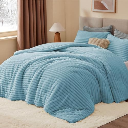 BEDELITE Fleece California King Comforter Set -Super Soft & Warm Fluffy Light Blue Bedding, Luxury Fuzzy Heavy Bed Set for Winter with 2 Pillow Cases - Thumbnail 3