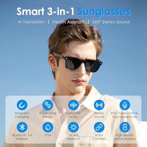 AI Glasses for Men & Women, Smart Glasses Powered by ChatGPT, AI Real-time Translation with 107 languages, 11H Music Play, Bluetooth Sunglasses with Polarized Lens, UV Protection for Daily Use, Travel - Thumbnail 2