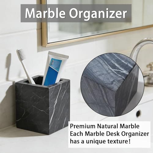 Natural Marble Toothbrush Holder: Pen Holder - Makeup Brush Holder - Marble Organizer for Vanity- Cup for Bathroom - Office & Home Countertop Organizer - Desk Organizer - Dark Gray - Thumbnail 2