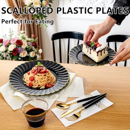 Ciaell 175 PCS Black Scalloped Plastic Plates with Gold Trim - Black Plastic Silverware with Handle - Fancy High-End Dinnerware Sets for Wedding & Party - Thumbnail 4