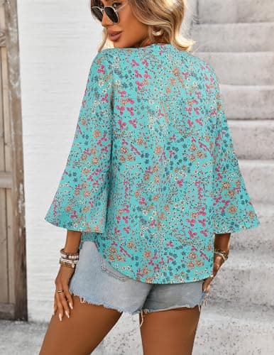 LOOKBOHO Womens Blouses Casual Dressy 3/4 Sleeve Bell Sleeve Boho Tops Button V-Neck Business Shirts Green&Blue XL - Thumbnail 3