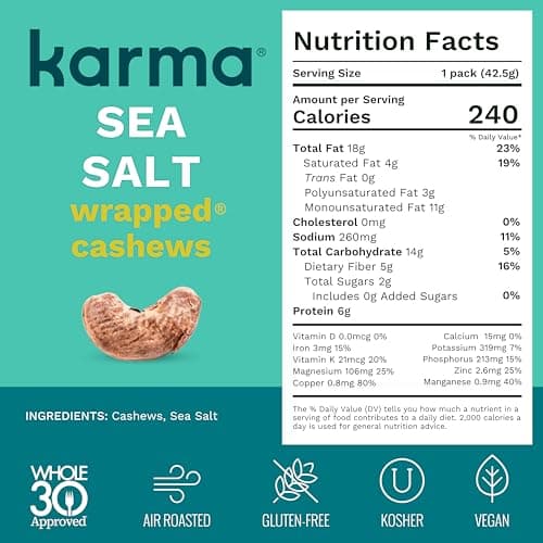 Sea Salt Cashews with Skin by Karma Nuts, Whole, Roasted, Vegan, Gluten Free, Low Net Carb, Natural, Everyday Nut Snack, 1.5 Ounce (12 Snack Packs) - Thumbnail 2