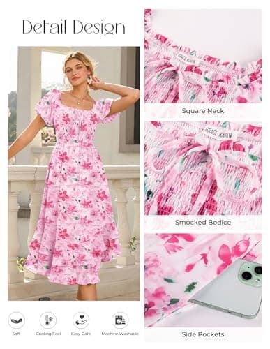 GRACE KARIN Womens Summer Floral Maxi Dress 2026 Flowy Wedding Guest Dress A Line Boho Dresses Fashion Clothing with Pockets Pink Floral XL - Thumbnail 4