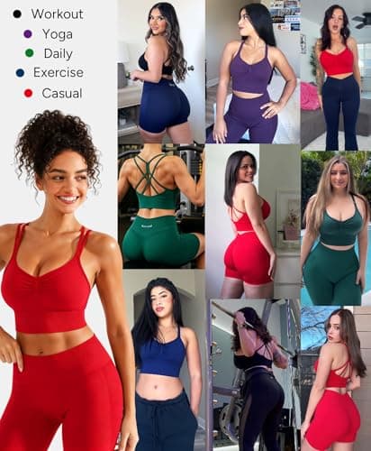 BRXL Lycra Strappy Ruched Sports Bra for Women Breathable Seamless Criss Cross Back Light Support Padded Bras Exercise Yoga Red S - Thumbnail 5