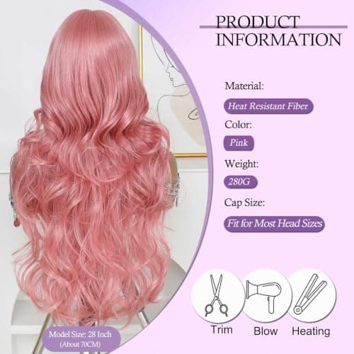 Barbique Synthetic Wig with Bangs, Pink Long Wavy Wig, Synthetic Hair, Heat Resistant Fiber, Natural Looking Glueless Ready to Wear for Work Party Daily Use Beginner Friendly - Thumbnail 2