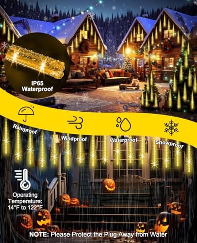 Christmas Lights Outdoor,16 Inch 20 Tubes Meteor Shower Light Falling Rain Drop String Lighting Icicle Snow Cascading Xmas String Decor for Tree Wedding Party Garden Holiday Decoration,Warm White - Thumbnail 6
