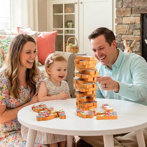 Easter Wooden Blocks Stacking Games, Bunny Egg Basket Theme Tumbling Tower and Balance Game for Adults, Kids, and Family Party, Stacking Board Toy with Storage Bag, Easter Party Activities Gifts - Thumbnail 5