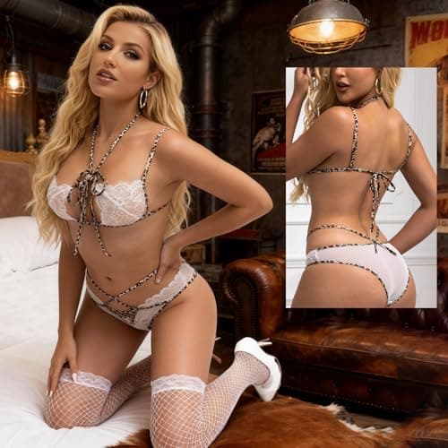 424 Sexy Lingerie Set for Women Leopard Print & Lace Crothless Bodysuit Panty 3-Piece Set Teddy Nightwear with Fishnet Stockings (One Size Fits Most) - Thumbnail 6