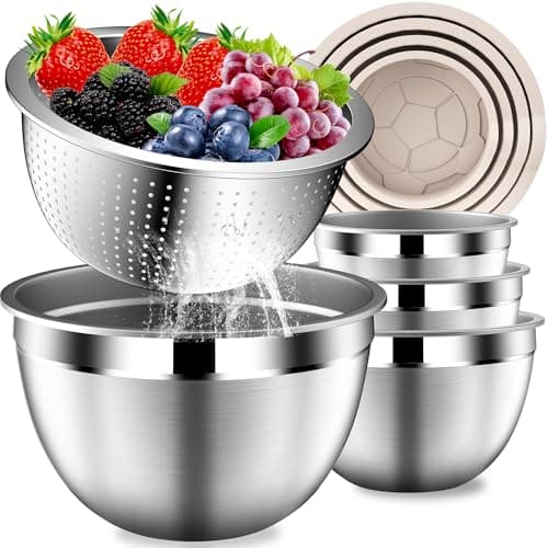 DUTZUN Stainles Steel Mixing Bowls with Lids Set, Stackable Metal Mixing & Serving Bowl with Strainer, 5-Piece - Beige - Image 1