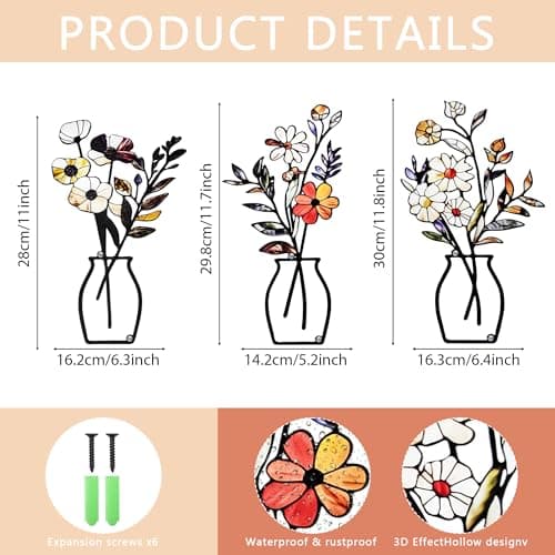 ArtCachet 3-Piece Metal Floral Wall Art - Bathroom Arts & Modern Farmhouse Decor,Home Wall Decors Sculptures for Living Room, Dining Room, Bedroom Wall Decorations & Housewarming Gift(Beige -3) - Thumbnail 5