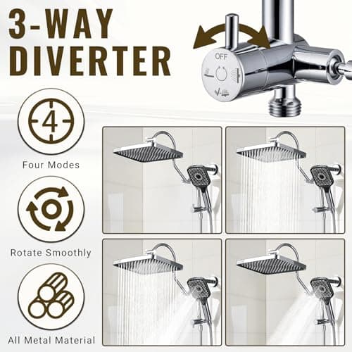 13 Inch Rainfall Shower Head with Multi-Function Handheld Sprayer Combo, 3-Way Metal Extended Diverter with Holder and Metal Adjustable Curved Shower Extension Arm, Extra Long Hose Chrome - Thumbnail 4
