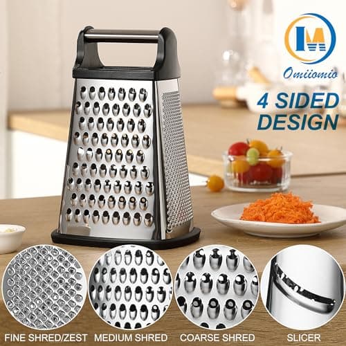 OIM Omiiomio Professional Cheese Grater - Stainless Steel, XL Size, 4 Sides - Perfect Box Grater for Parmesan Cheese, Vegetables, Ginger - Dishwasher Safe - Black - Thumbnail 6