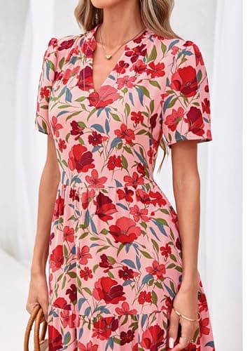 KIRUNDO Womens Floral Boho Flowy Maxi Dress, Pink Red Flower, Large - Thumbnail 4