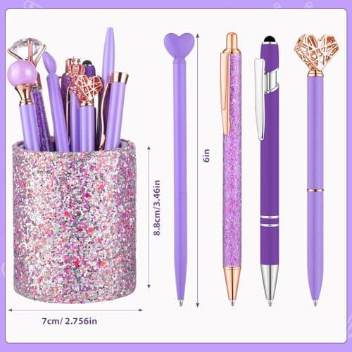BESARTE 9 Pcs Purple Pens With Pen Holder for Desk, Fancy Pens Purple Gifts for Mom Desk Accessories for Weddings Parties Mothers Day Gifts for Mom Wife - Thumbnail 3