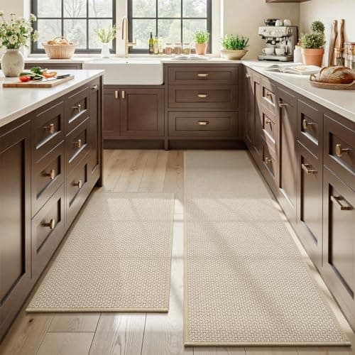 MontVoo Absorbent Kitchen Rug Sets Washable,Rubber Backing Runner Rugs Sets for Kitchen Floor Non Slip, Front of Sink, Kitchen Mats for Floor 2 Piece(Beige,17"x28"+17"x59") - Image 1