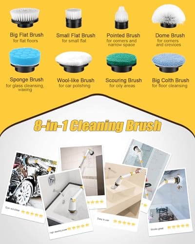 Qimedo Electric Spin Scrubber with Two Batteries Q2 Pro,1500 RPM High Power Electric Scrubber for Cleaning,Shower Cordless Cleaning Brush with Display for Tub/Tile/Floor (Effortless Handle/8 Brushes) - Thumbnail 6