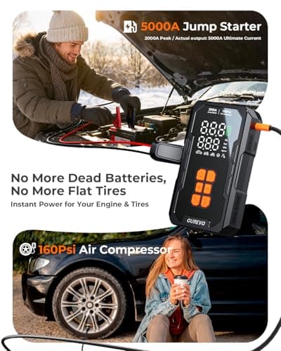 GUREVO 5000A (Max) Jump Starter with Air Compressor, Car Battery Jumper Starter Portable with 160PSI Auto-Shutoff Tire Inflator, Car Battery Charger Jump Box for 8.0L Gas/6.0L Diesel Engines - Thumbnail 2