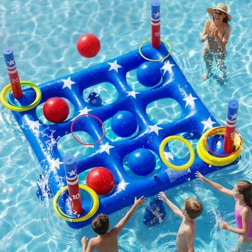 Pool Party Toys Games Set - Giant Inflatable Tic Tac Toe Float Game, Outdoor Pool Games for Adults Kids Family Pool Toys for 2-10 Players, Fun Swimming Beach Yard Activities with 10 Balls for Ages 6+