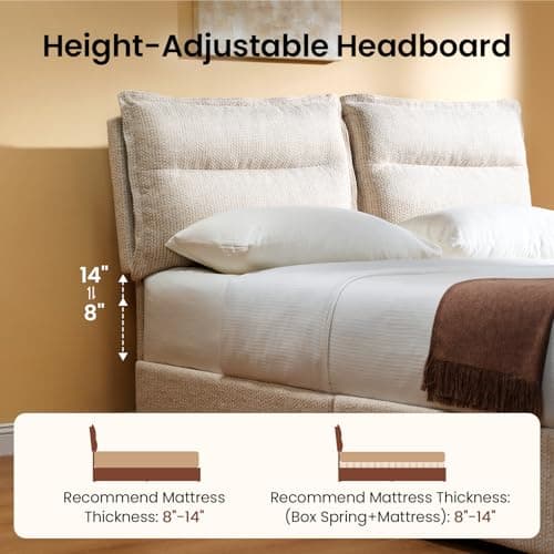 ModernMate Queen Bed Frame with 4 Storage Drawers, Upholstered Bed Frame with Adjustable Headboard, Dual Cushions Design, OEKO-TEX Fabric, Noise-Free, Wooden Slats Support, No Box Spring Needed, Beige - Thumbnail 5
