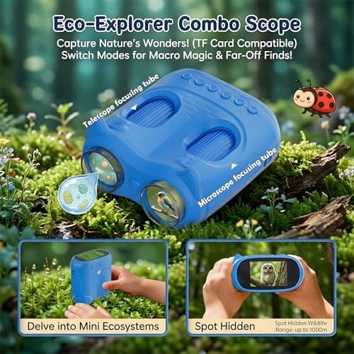 OAEBLLE 2-in-1 Kids Microscope and Telescope, 1000X Handheld Digital Microscope for Kids, 2.0" Screen, 8 LEDs, 10X Pocket Telescope for Outdoor, 1080P Camera STEM Toys Gifts for Boys Girls 4-12, Blue - Thumbnail 6