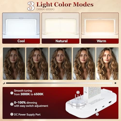 obcd 34in Nail Light for Desk Foldable Large Half Moon Lamp Suitable for Nail Tech Beauty Manicure Eyelash Extension Tattoo Eyebrows Crafts Stepless Brightness with 3 Color Modes Infinitely Knob - Thumbnail 4