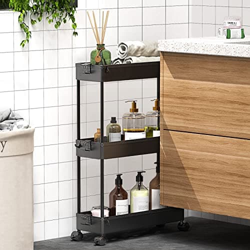 SPACEKEEPER Slim Rolling Storage Cart, 3 Tier Bathroom Storage Organizer Laundry Room Utility Cart Mobile Shelving Unit, Multi-Purpose for Kitchen Office Bathroom Laundry Narrow Places, Black - Thumbnail 6