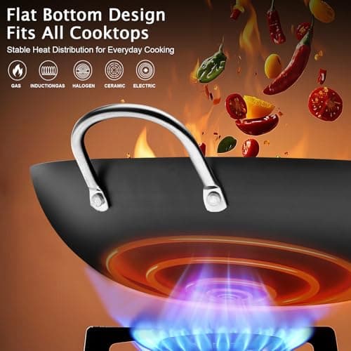 WANGYUANJI Carbon Steel Wok 14.2", Large Nitriding Flat Bottom Stir Fry Pan with Lid, No Chemical Coating Rust Resistant Iron Skillet for Induction Electric Gas Stoves, Big Capacity Serves 6+ - Thumbnail 3
