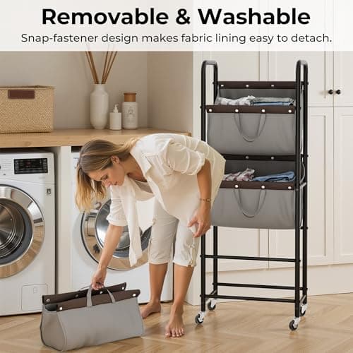GRANNY SAYS 3 Tier Laundry Sorter, Laundry Hamper with Wheels, Laundry Room Organization and Storage, 3 Section Rolling Laundry Cart for Dorm, Bathroom, Bedroom, Closet, Grey - Thumbnail 3