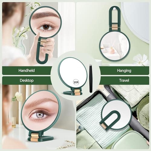 B Beauty Planet 30X Magnifying Mirror, Hand Mirror with Handle, Double Sided Hand Mirror with 30X/1X Magnification, Travel Essential Portable Foldable Makeup Mirror for Precision MakeupGreen - Thumbnail 4