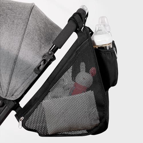SUNVENO 2-pack Universal Stroller Organizer Caddy with Cup Holders, Wipes Pouch and Extra Storage, Zippered Mesh Side Sling for Pushchair, Black - Thumbnail 5