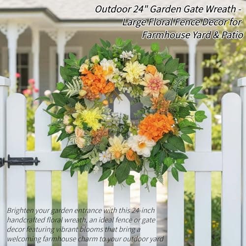 24" Large Wreath for Front Door - Artificial Orange Hydrangea Peony Yellow Dahlia Wreath - Summer Floral Farmhouse Porch Decor, Sun-Kissed Welcome Sign for Wall & Window - Thumbnail 4