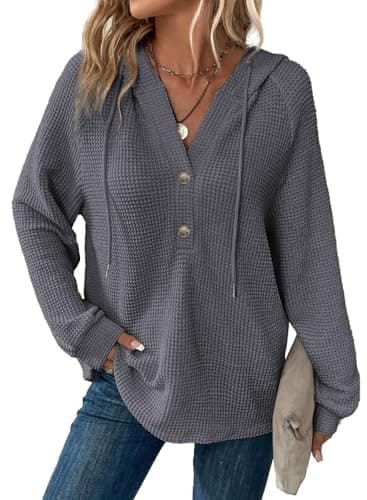 Dokotoo Sweatshirts for Women Oversized Waffle Knit Hoodies Drawstring Button V Neck Long Sleeve Casual Loose Lightweight Soft Warm Fall Outfits Pullover Sweatshirt Hooded Tops Dark Grey XX-Large - Image 1