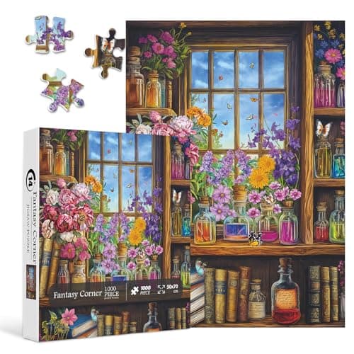 Vintage Window Bookshelf Puzzles for Adults 1000 Piece, Plant Floral Potion Book Jigsaw Puzzle for Vintage Collect Lovers, Retro Bookshelf Puzzle with Blossoming Wildflower, Color Bottle,and Butterfly - Image 1