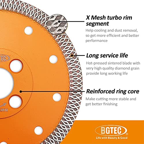 BGTEC Diamond Porcelain Saw Blades,1pc 5 Inch X Mesh Turbo Tiles Blades 7/8” Arbor for Porcelain Tile Granite Marbles Cutting Disc - Thumbnail 3