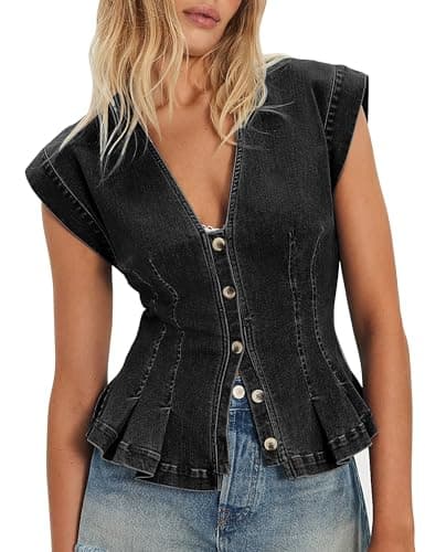 Nitzana Women's Denim Vest Trendy 2026 Cap Sleeve Deep V Neck Button Down Jean Vest Tops for Women Summer Crop Waistcoat Black S - Image 1