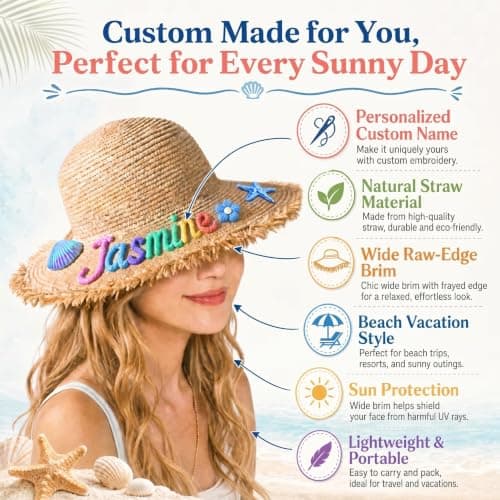 Customizable Wide-Brim Straw Sun Hat for Women – Personalized Beach hat; a for Mothers, Sisters, or Wives; a Travel and Beach Vacation Essential. Tan - Thumbnail 4