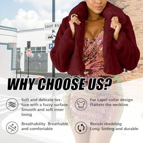 RAMOUG Women Chunky Lapel Outerwear Fur Sweater Party Club Open Front Cardigan Hoodless Hoodie Wine Red XL - Thumbnail 5