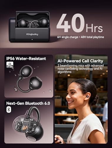 Kinglucky C10 Open Ear Clip On Earbuds, Spring-Clip Comfort & Secure Fit, Crystal-Clear Sound, 40H Playtime, Bluetooth 6.0 Wireless Headphones with Clear Calls,Glasses-Friendly, for Workouts & Commute - Thumbnail 6