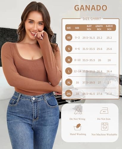 Ganado Long Sleeve Shirts for Women Scoop Neck Thermal Shirt Plain Basic Tops Fitted Layering Undershirts (Coffee, X-Small) - Thumbnail 6