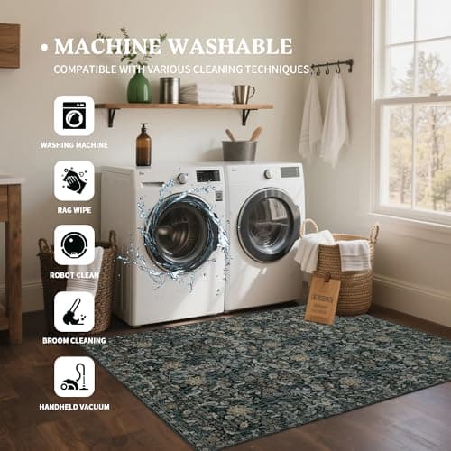 Luxcrest Green 2x8 Runner Rug: Vintage Floral Washable Rugs for Entryway Hallway Bedside Kitchen Indoor - Soft Non-Slip Stain Resistant Low Pile Carpet - Dark Green - Thumbnail 5