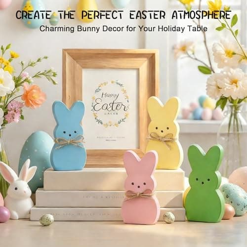 Easter Spring Decorations for Home – 4 Pcs Wooden Bunny Table Decor, Wood Rabbit Tabletop Signs with Jute Bows for Tiered Tray Mantel Shelf Office Easter Party Supplies - Thumbnail 6