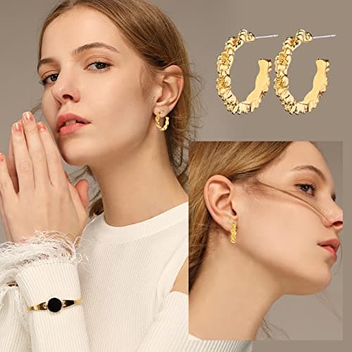 Wgoud Chunky Hoop Earrings Set 14K Gold Plated Hoop Earrings for Women Hypoallergenic, Thick Hoops Earring set, Twist Huggie Hoop Earring (6 Gold Chunky Hoops) - Thumbnail 2