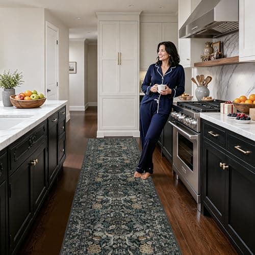 Luxcrest Green 2x8 Runner Rug: Vintage Floral Washable Rugs for Entryway Hallway Bedside Kitchen Indoor - Soft Non-Slip Stain Resistant Low Pile Carpet - Dark Green - Thumbnail 4